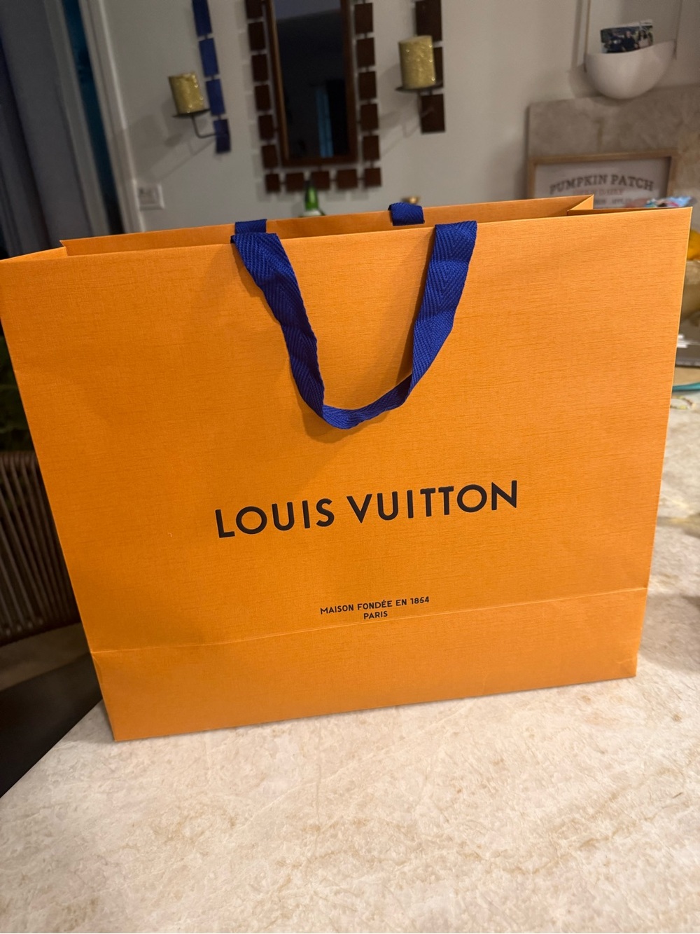Louis Vuitton Orange Shopping Bag with Blue Handles